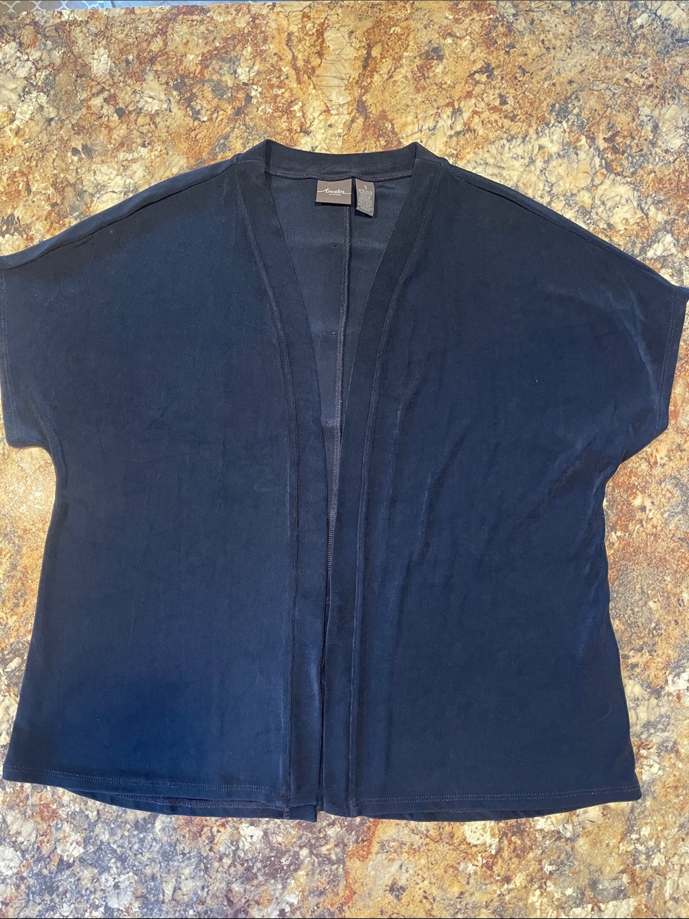 Traveler’s By Chicos Navy Short Cap Sleeve Open Front Cardigan Back Buttons
